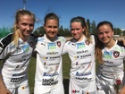 Maalintekijät Anni Hänninen, Signy Aarna ja Tiia Savolainen sekä ottelun parhaan palkittu Iida Laakkonen.